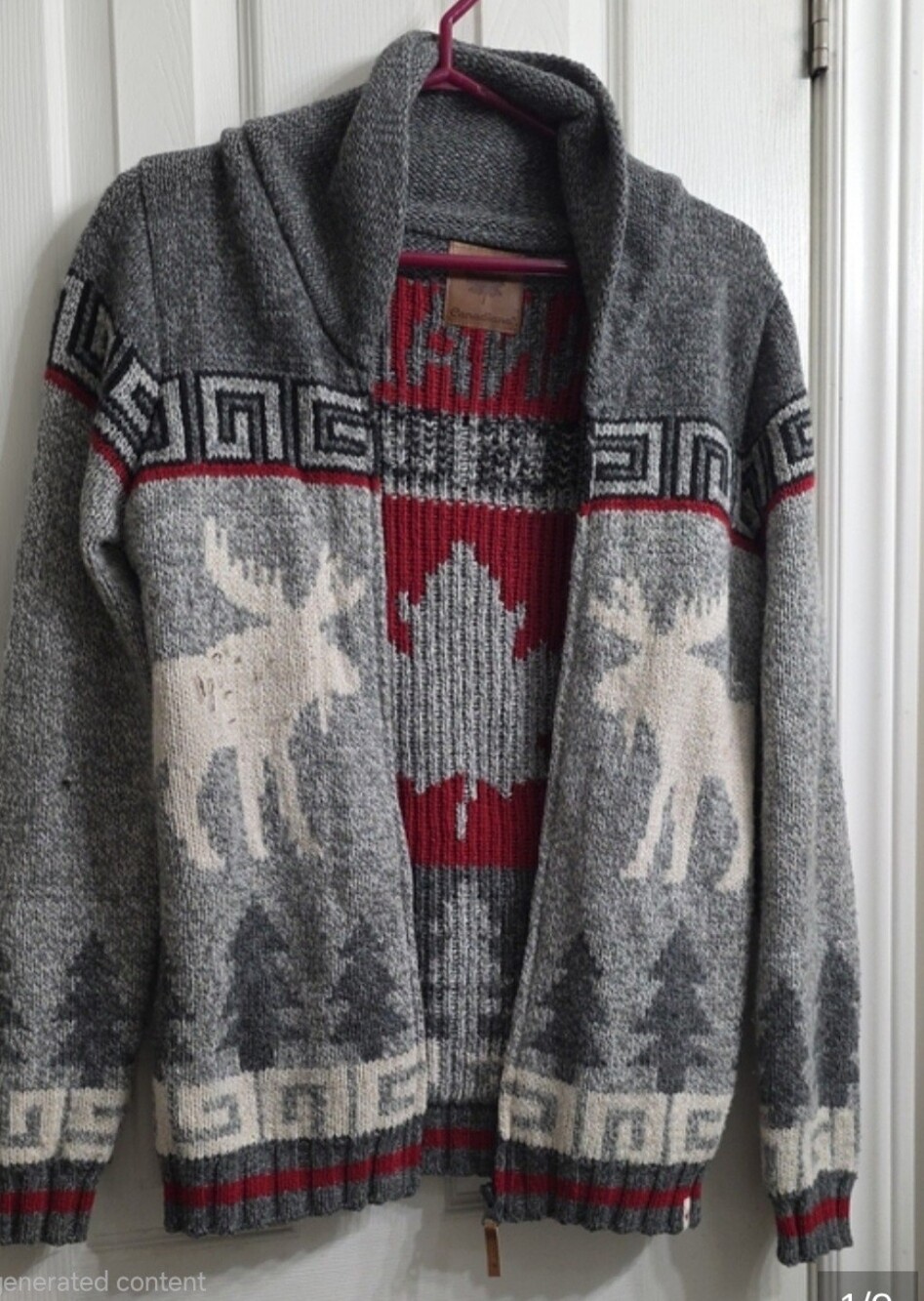 Canadiana Heavy Knit Zip Cardigan Sweater Moose Maple Leaf Shawl Collar - Size S